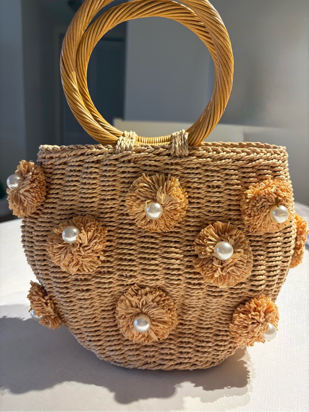 Vintage-Inspired Woven Straw Tote Bag with Pearl Floral Embellishments